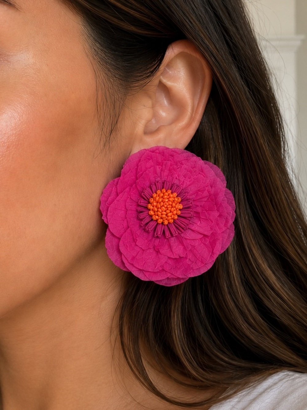 Zara Earrings statement Pink Paper like Flower with orange Center